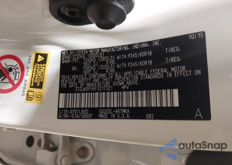 2015 Toyota Highlander Xle V6 z USA, uszkodzony, nr VIN 5TDJKRFHXFS217321